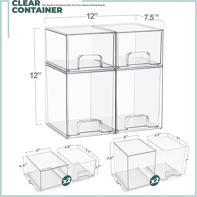Sorbus Stackable Acrylic Storage Drawers, 4 Pack Clear Plastic Organizer Bins for Baby Bottles, Makeup, Bathroom, Vanity & Countertop Organization, Pull-Out Drawer Design for Cabinets & Pantry