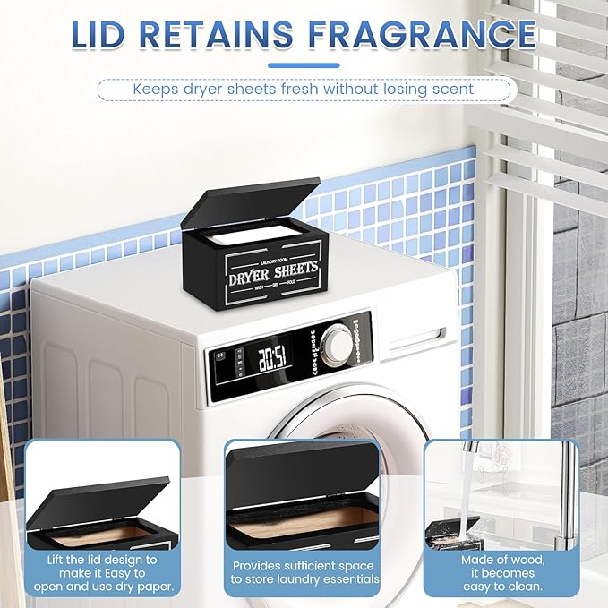 Dryer Sheet Holder with Lid, Wooden Laundry Room Organization and Storage, Large Capacity Softener Sheets Dispenser, Fabric Softener Container for Laundry Room Bathroom (Black)