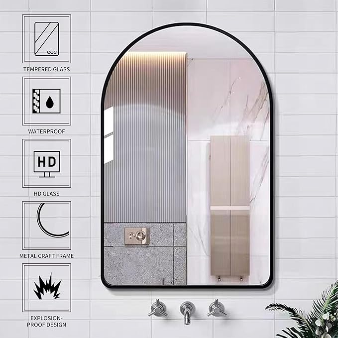 20x28 inch Black Arched Mirror for Bathroom Vanity Mirror or Wall Decor Arch Mirror Brushed Metal Frame Wall Mounted Mirror for Bathroom LivingRoom Bedroom Entryway