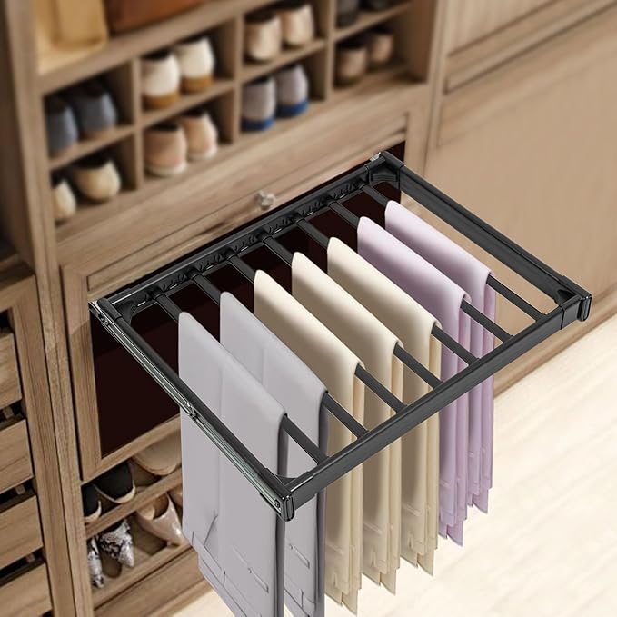 11 Arms Slide Out Pants Rack Closet Pants Hanger Bar Pull Out Trousers Rack Tie Belts Scarf Racks, Top Mounted Wardrobe Clothes Organizers Rail Pull Out Closet Storage Rod-Black