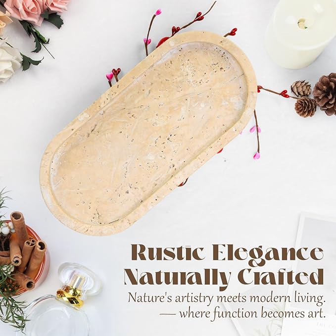 Natural Travertine Oval Tray with 2 Legs, 9.6"x4.7" Vanity Decorative for Countertop Ornaments, Catchall for Perfume, Candles, Jewelry Dish & Home Decor