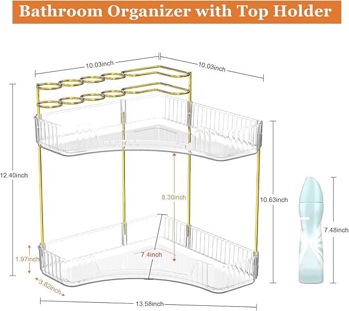 Webetop Corner Makeup Organizer for Vanity, 2 Tier Bathroom Cosmetics Organizer Countertop with Make up Brush Holder Corner Counter Storage Skincare Organizer for Bathroom Dresser Toiletry(Clear)