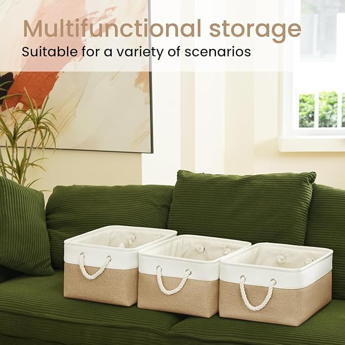 Large Storage Baskets- 15.7x11.8x8.26 inch Storage Bins for Shelves and Closet Organizing, Foldable Fabric Bin for Home Organization Clothes and Laundry (6-Pack, White&Khaki)