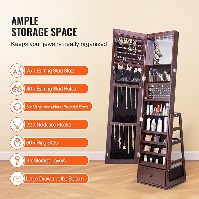 VEVOR 360° Swivel Jewelry Cabinet Armoire, 63-Inch Tall Lockable Jewelry Organizer with Full-Length Mirror, LED Light, Velvet Lining, Drawer, Freestanding, Brown