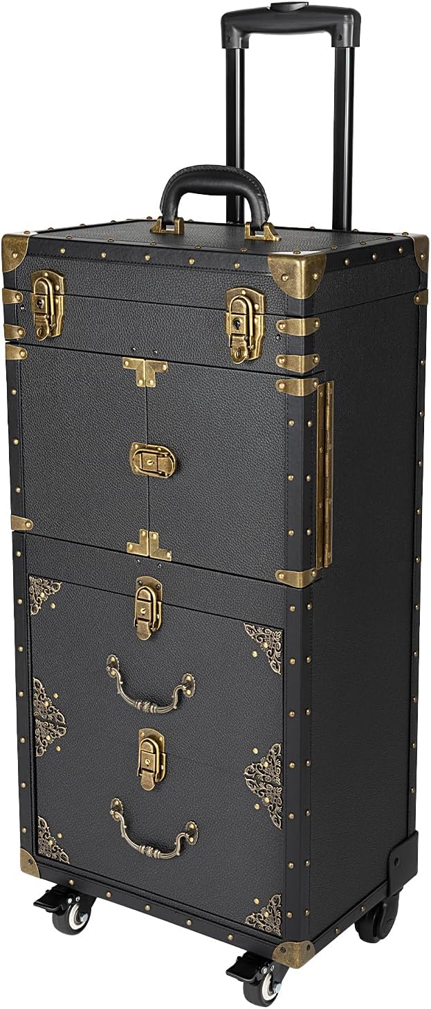 Rolling Lockable Makeup Train Case,Large Cosmetic Organizer Train Case Makeup Travel Case with 360° Swivel Wheels, Trolley Makeup Travel Organizer,Black