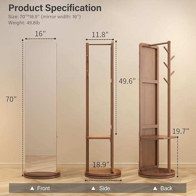 70"x19"Full Length Mirror with Stand,Coat Rack with Mirror,Solid Wood Floor Mirror,Swivel Mirrorfor Bedroom, Living Room, Cloakroom