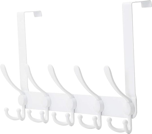 Dseap Over The Door Hook Hanger - Fits 1 3/8" to 1 3/4" Standard Doors | 5 Tri Hooks Heavy Duty Towel/Coat Rack | Door Organizer for Clothes, Jackets, Hats, Towels, White