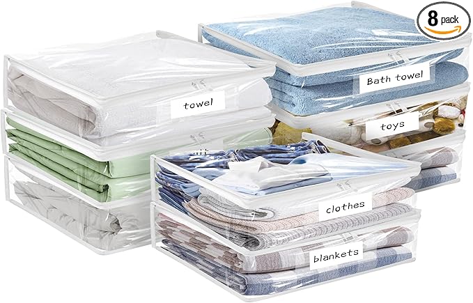 Plastic Storage Bags with Easy-Glide Zipper, Pack of 8, Durable Clear Vinyl Zippered Storage Bags for Clothes Sweaters Comforters Blankets Sheets Bedding (10.5 x 10.5 x 2.5 Inch)