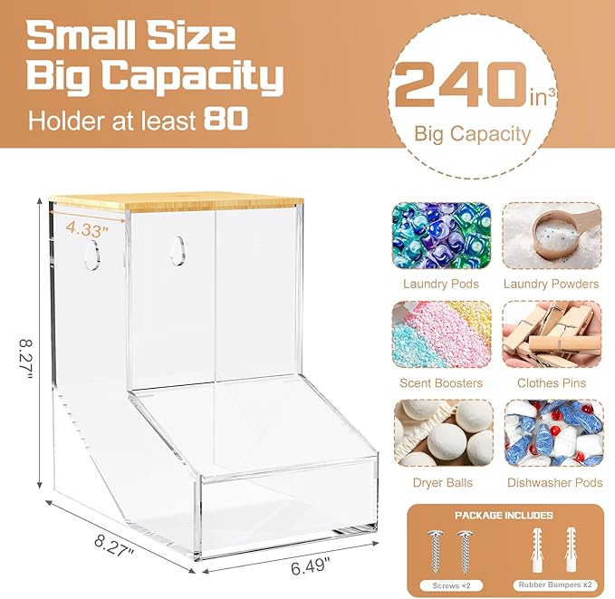 JYPS Laundry Box,Acrylic Dishwasher Pod Holder with 2 Lids,Powder Dispenser,Drying Balls,Beads,Soap Organizer for Room Table/Wall Mounted,Snack Candy Storage (1pcs-bigger)