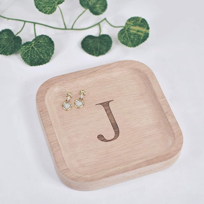 I'm Wooden Personalized Letter Catchall Valet Tray Trinket Dish Jewelry Tray Key Bowl Decorative Plate Organizing Ring Earrings Necklaces Bracelet Watch Coins Wallet Holder (6"x6" Sq Natural J)