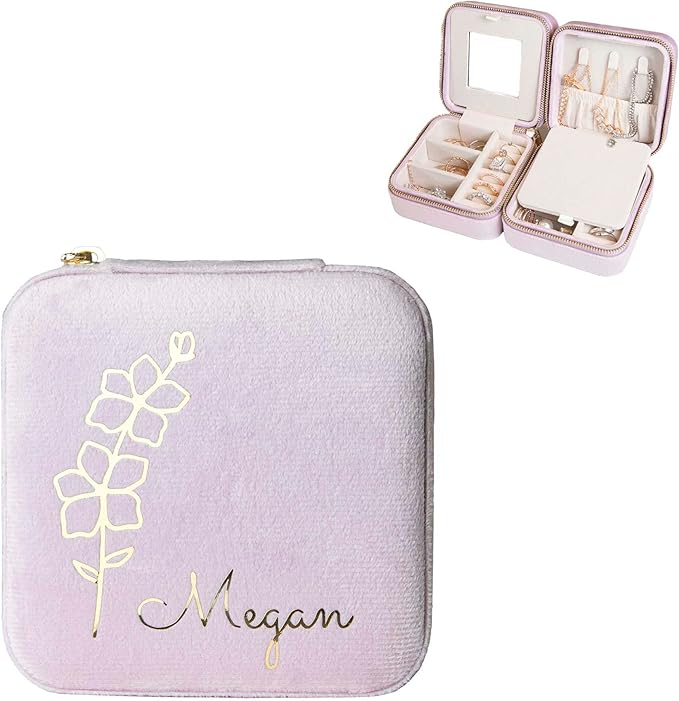 Customizable Compact Velvet Jewelry Box with Mirror, Travel Jewelry Case, Travel Jewelry Organizer, Jewelry Box for Women and Girls, Small Jewelry Organizer (Flower Design, Lavender Pink)