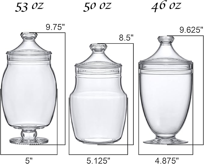 Amazing Abby - Keep - Acrylic Apothecary Jars (3-Piece Set, 52/50/46 oz) (NOT Glass), Plastic Jars with Lids, Bathroom Canisters, Candy Buffet, Wedding Display, BPA-Free and Shatter-Proof