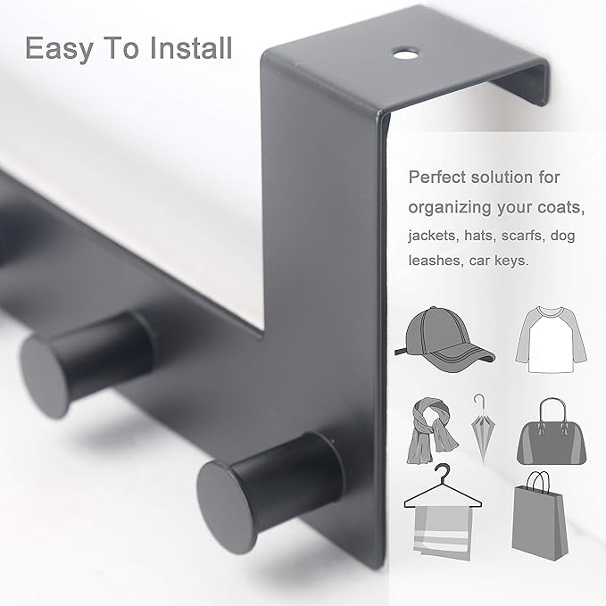 WEBI Over The Door Hooks,Over Door Towel Rack with 6 Peg Hooks for Hanging,Door Coat Hanger Door Coat Rack for Behind Back of Bathroom,Black
