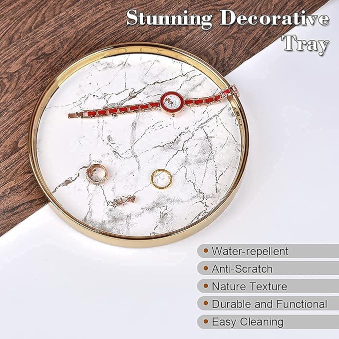 Round Marble Decorative Tray, Multi-Functional Storage Organizer for Vanity, Coffee Table, Jewelry, Perfumes and Home Decor, Luxury Accent Tray