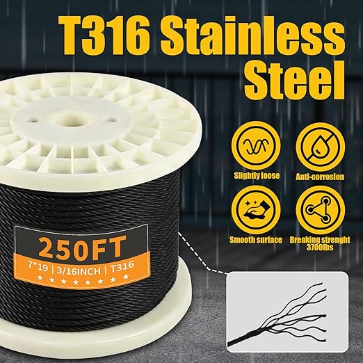 T316 Black 3/16“ Stainless Steel Cable, 250ft Wire Rope 7x19 Strands Aircraft Cable 3700lbs Breaking Strength, Wire Cable Rop for Deck Railing, String Lights, Fence, Clothesline &Yard Zipline