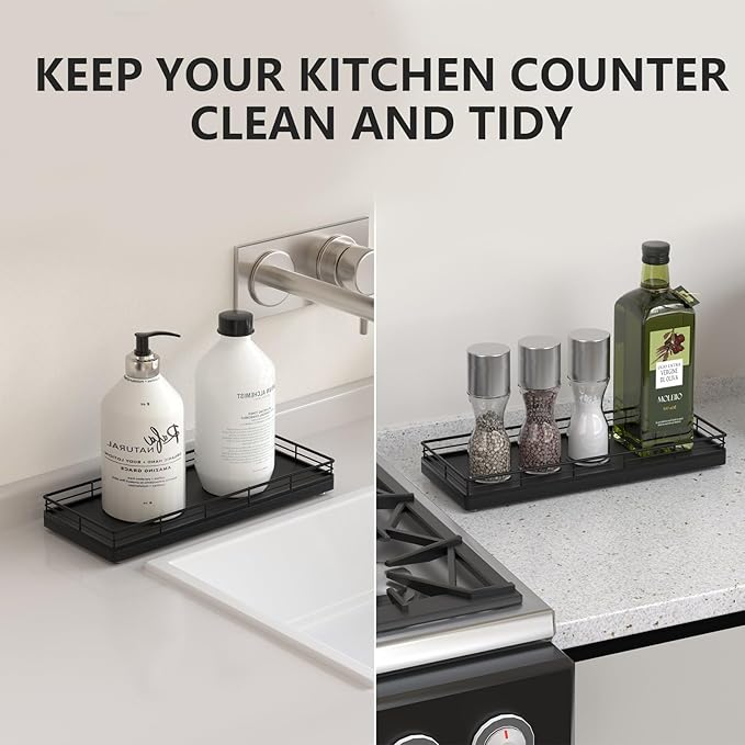 Bathroom Tray for Counter Top Organizer – Oak Wood Vanity Tray with Metal Frame for Dresser, Kitchen, Nightstand – Black Decorative Storage