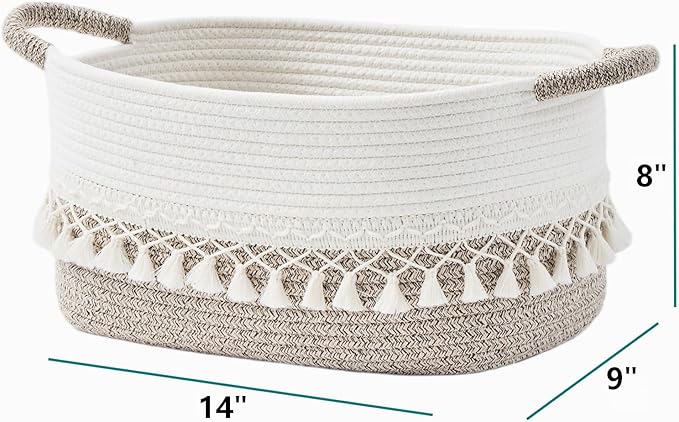 Storage Bins Woven Baskets for Storage Set of 3, Cotton Rope Basket with Handles for Toys/Shelves/Laundry, Rectangle Multi-Purpose Organizer for Living Room, Bedroom, Nursery (White/Beige)