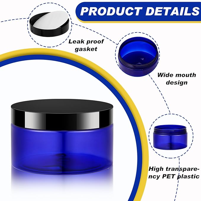 Dandat 24 Pcs 8 oz Plastic Jar Container with Lid and Label Refillable Empty Round Blue with Black Pet Cosmetic Sample Slime Containers for Lotion, Cream, Ointments, Body Butter, Makeup Travel Storage