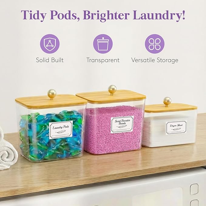 Lifewit Large Laundry Pods Container& Dryer Sheet Holder, Plastic Detergent Dispenser, Laundry Room Organization Storage Jars for Powder, Soap, Scent Booster Beads,Bamboo Lid,0.53+0.7 gal,4 Pcs