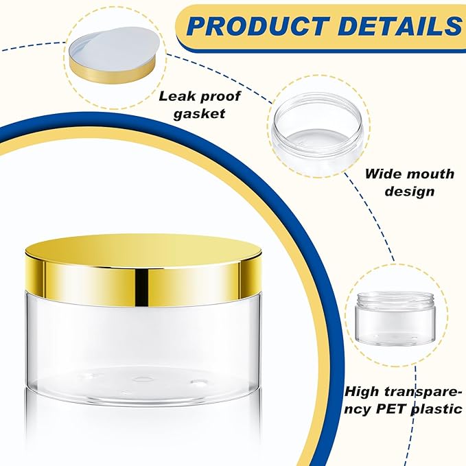 Dandat 24 Pcs 8 oz Plastic Jar Container with Lid and Label Refillable Empty Round Clear with Gold Pet Cosmetic Sample Slime Containers for Lotion, Cream, Ointments, Body Butter, Makeup Travel Storage