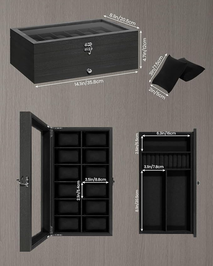 Uten 12-Slot Watch Box, 2-Layers Solid Wood Watch Display Case with Glass Lid, Watch Holder Organizer with Soft Pillow and Velvet Lining, Watch and Jewelry Storage Box, Black