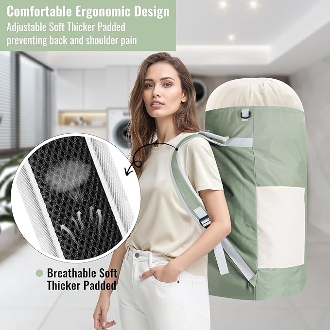 Laundry Bag Backpack, 125L Extra Large Laundry Backpack with Shoulder Straps, Adjustable Extendable Laundry Hamper Bag with 3 Pockets for College, Travel, Camping (Green)