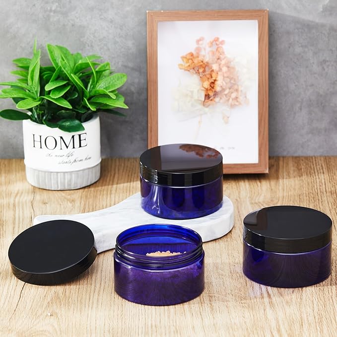 Dandat 24 Pcs 8 oz Plastic Jar Container with Lid and Label Refillable Empty Round Blue with Black Pet Cosmetic Sample Slime Containers for Lotion, Cream, Ointments, Body Butter, Makeup Travel Storage