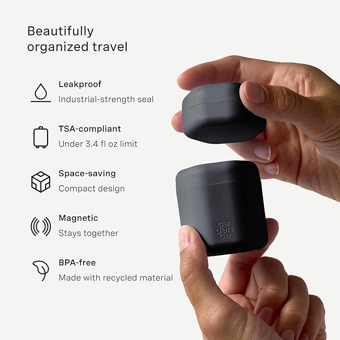 Cadence Travel Containers - Daily Routine Capsule Set - Magnetic Containers with Lids,4 Flex Mediums (1.32oz) & 3 Flex Smalls (0.56oz) - Shampoo, Conditioner, Body Wash, Pills, & More - Charcoal