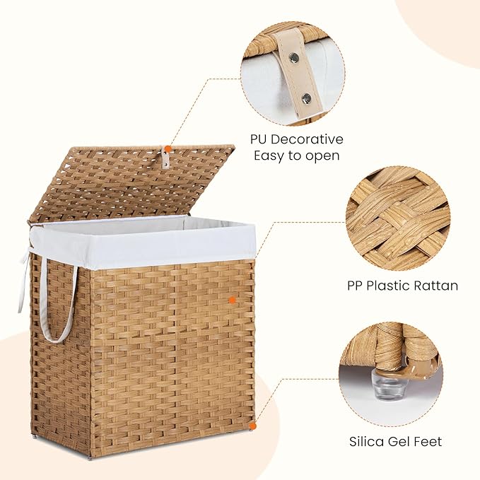 110L Laundry Hamper with Lid, Hand-Woven Pp Rattan Laundry Basket with Compartments & Handles, Removable Liner Bags,Foldable, Narrow Dirty Clothes Basket, Yellow