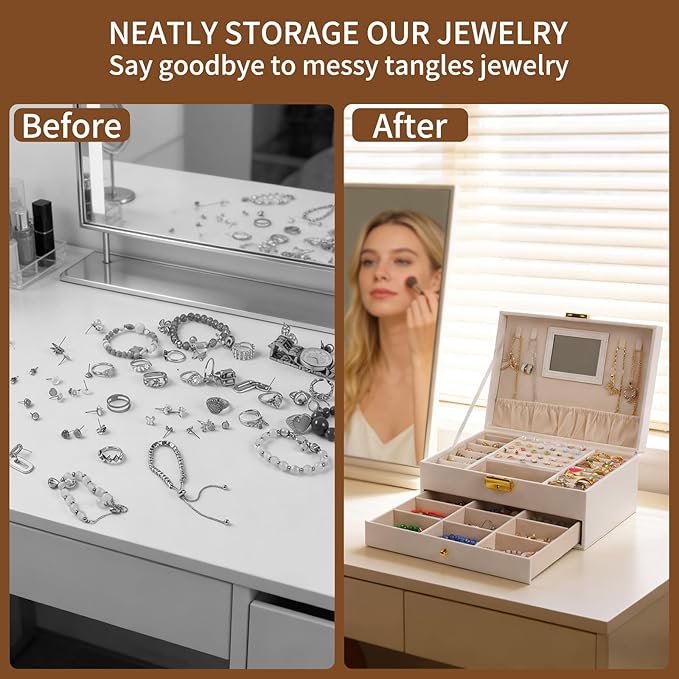 Jewelry Box, 2 Layer Jewelry Organizer with Velvet Earring Organizer, Jewelry Holder Organizer Travel, White Jewelry Boxes for Women, Jewelry Boxes & Organizers for Girls, Christmas Gifts
