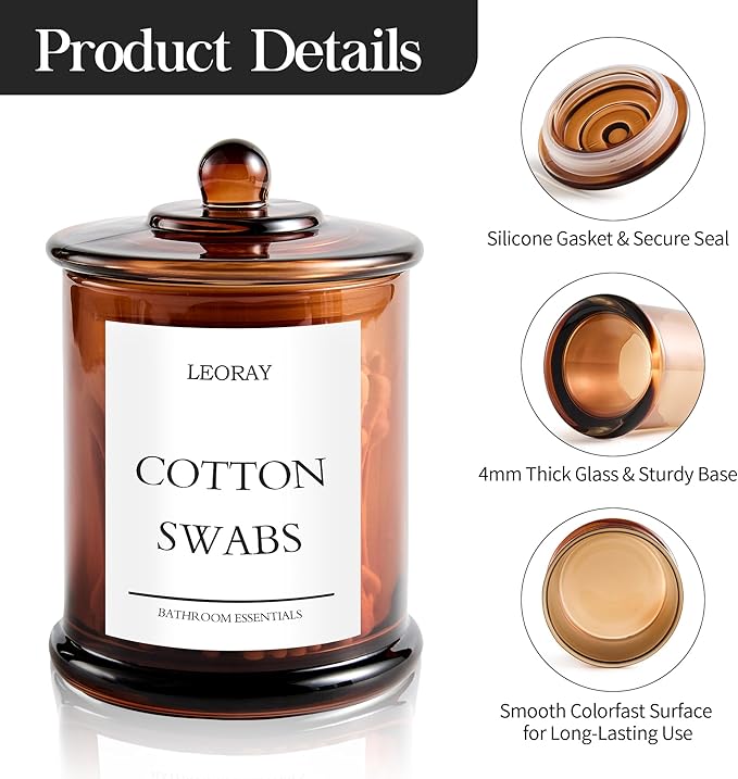 LEORAY 4 Pack Glass Qtip Holder Dispenser with Lids, Airtight Waterproof, 16 Oz Vanity Organizer Bathroom Canisters for Cotton Swabs, Balls, Pads, Floss Picks, Restroom Kitchen Storage Jars, Amber