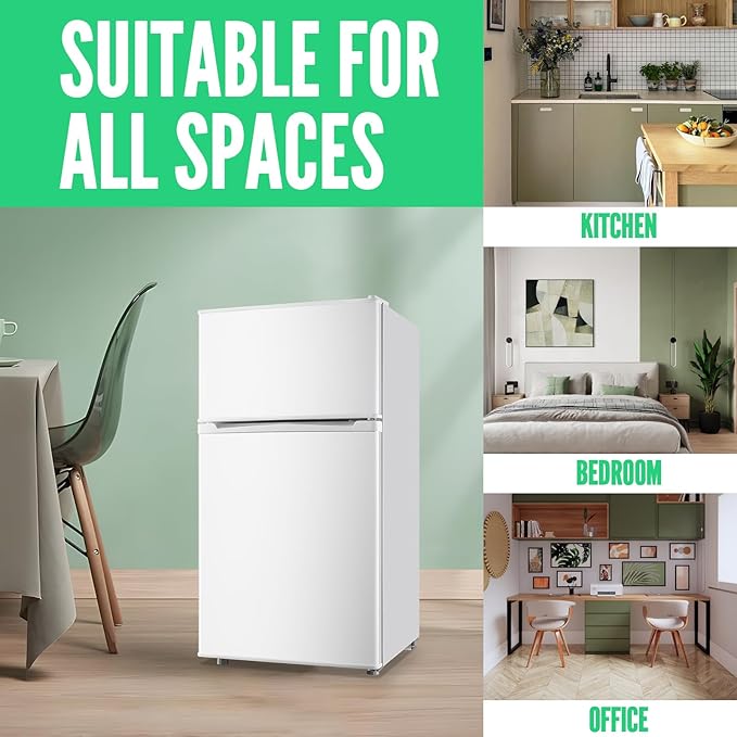 WANAI Mini Fridge with Freezer, 3.5 CU.FT Small Refrigerator with 2 Door & 7 Gear Mechanical Control & Side Bottle Rack, LED Light, Ideal for Dorm, Kitchen, Apartment, Office, White