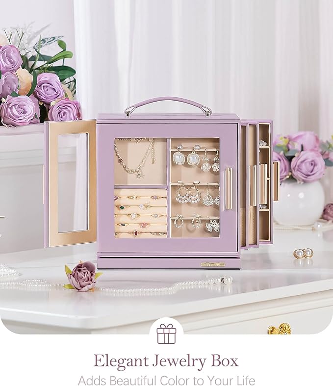 Homde Valentine's Day gifts Jewelry Box 360° Rotating, Necklace Earring Organizer with Transparent Window, Mirror, 7 Drawers, Large Ring Display Storage Case for Girls Women (Grey Purple)