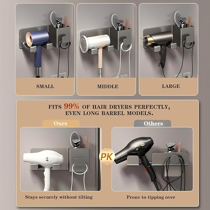 Hair Dryer Holder Wall Mounted, Blow Dryer Holder for Salon, Bedroom, Bathroom Storage, Multi-Functional Bathroom Wall Shelves Hair Tools Organizer for Hairdryers Hairbrush - No Drilling Needed