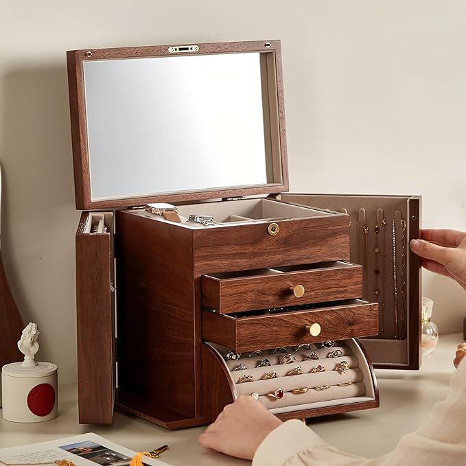 CHOSIN Black Walnut Wooden Jewelry Box, 4-Layer Lockable Organizer with Mirror, Rotatable Ring Holder,Side Doors & Brass Handle, Classical Design for Rings, Necklaces, Earrings, Valentine's Day Gifts