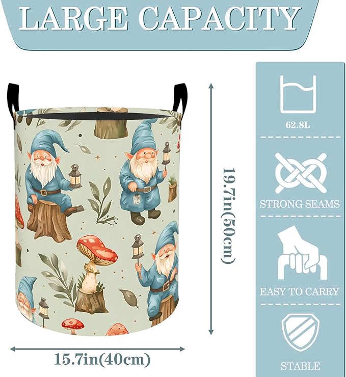 Gnome Mushroom Forest Laundry Basket, Dirty Collapsible Clothes Toy Organizer Hamper for Kids Adults, Oxford Cloth Waterproof Storage Bin for Bedroom Bathroom Home Decor Gifts, 19.7"X15.7"