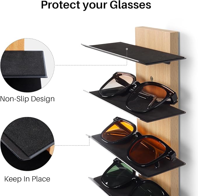 SEKSON Sunglasses Organizer for Wall, Solid Wood Sunglass Holder Display Rack, 6 Tier Eyeglasses Storage Shelf for Entryway, Living Room, Retail Showcase (2 Pack)