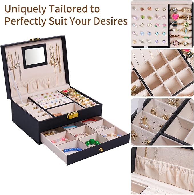 Jewelry Box, 2 Layer Jewelry Organizer with Velvet Earring Organizer, Jewelry Holder Organizer Travel, White Jewelry Boxes for Women, Jewelry Boxes & Organizers for Girls, Black