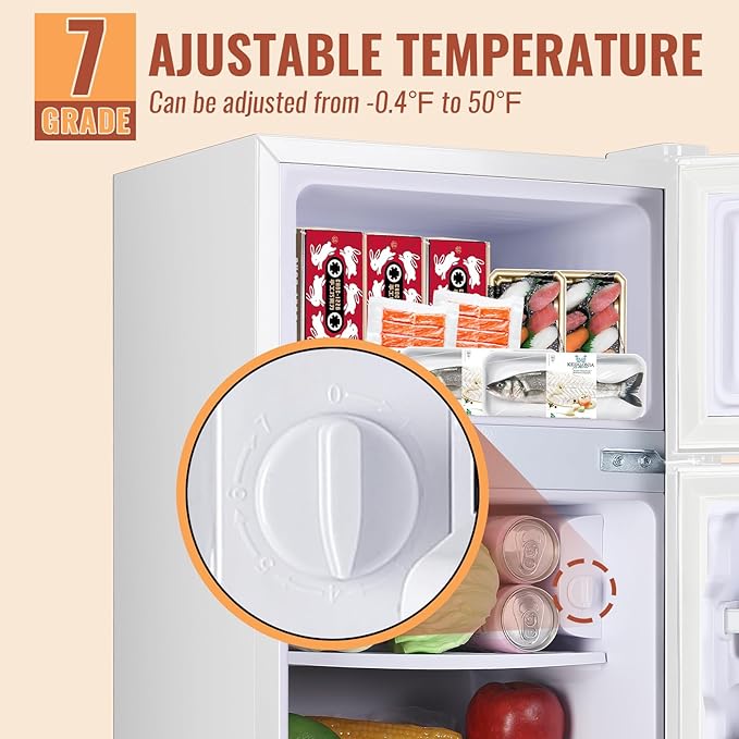 Small Refrigerator Mini Fridge with Double Doors & Separate Freezer & 7 Adjustable Temperature Control, Tiny Size & Personal Fridge Ideal for Office Apartment Dorm White