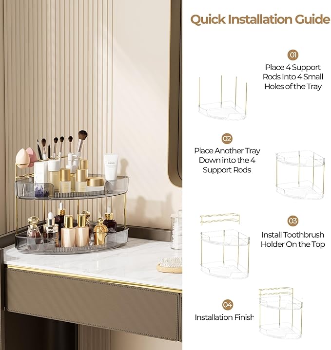 FELIZHOUSE 2-Tier Makeup Organizer for Vanity & Bathroom Countertop – Acrylic Storage Shelf with Perfume Tray & Makeup Brush Holder, Tool-Free Installation, Design for Bathroom & Dresser - Grey