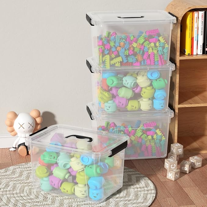 4-pack 10.5 Quarts Clear Boxes with Handles, Plastic Storage Bin with Lid