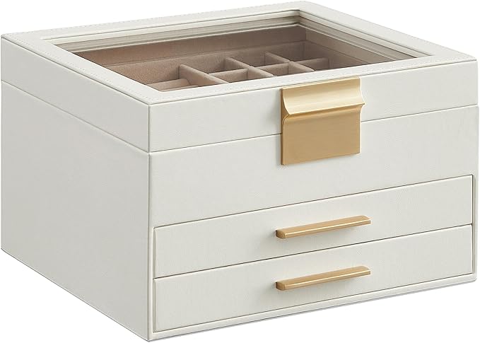 SONGMICS Jewelry Box Organizer with Glass Lid, 3-Layer Jewelry Storage, with 2 Drawers, Modern Style, 8 x 9.1 x 5.3 Inches, Cloud White and Gold Color UJBC239WT