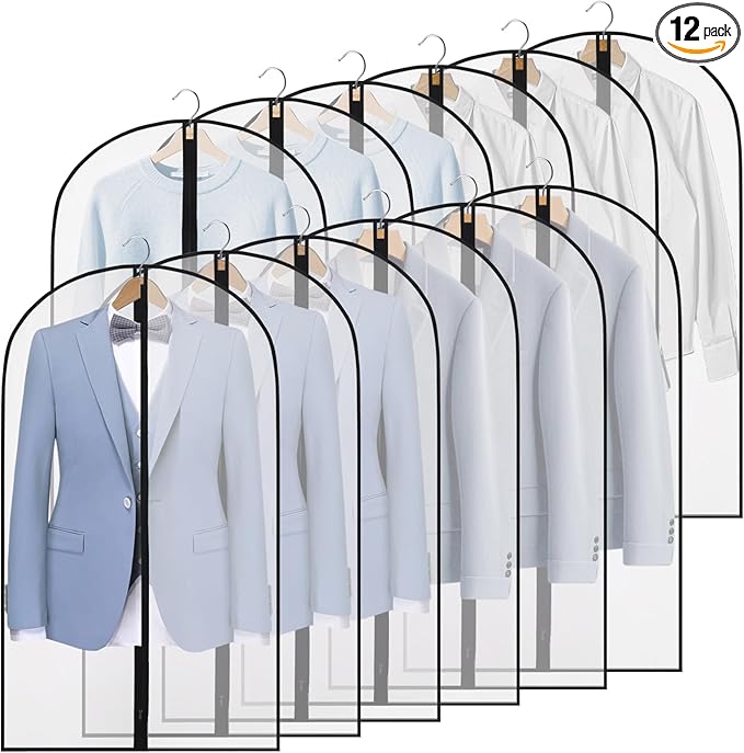 12 Pack 40" Garment Bags Clothes Covers Protecting Dusts for Hanging Clothes, Suit Bags with Zipper Suit Bags Clear Garment Bag for Travel, Closet Storage, Coat, Dress, Shirts