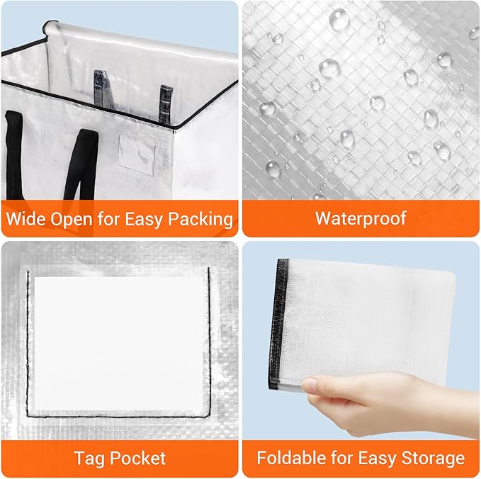 HomeHacks Clear Moving Bags Heavy Duty 10 Pack, Storage Bags with Zipper, Extra Thick Handles & Waterproof Packing Boxes for Moving, Camping, Home Organization 93L/24Gal (28.7"x14.2"x14")