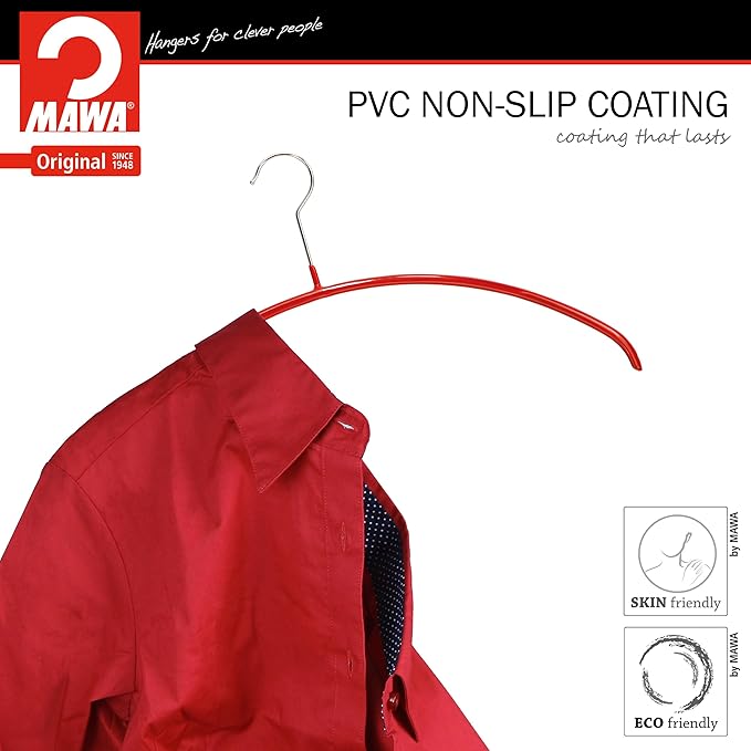 Mawa Narrow Petite Clothing Hangers, Steel Hanger with Non-Slip Coating, for Shirts, Blouses, Dresses, Light Jackets, 360-degree Rotatable Hook, Set of 10, Red