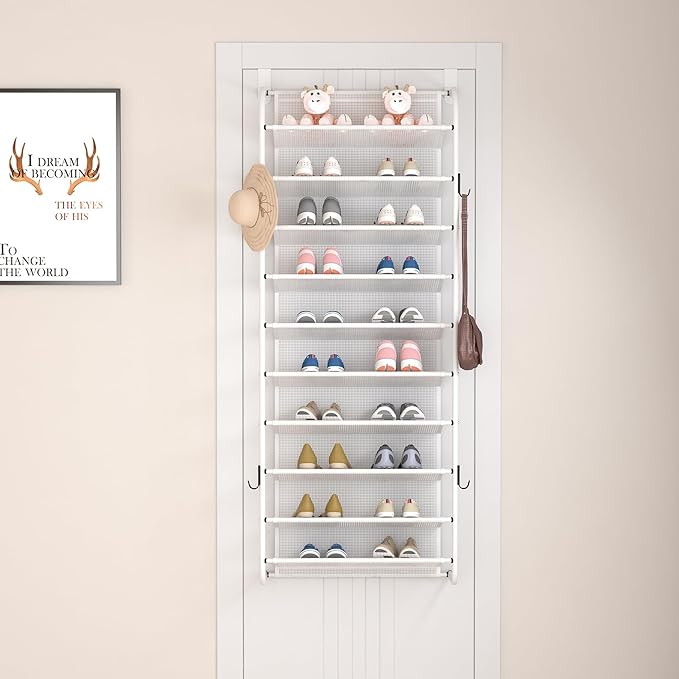 10 Tier Shoe rack Hanging Shoe Storage the door shoe rack for Closet Pantry Over The Door Shoe Organizer Wall Floating Shelves (White, 10 Tier)