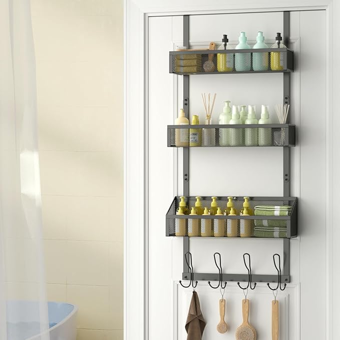 Over The Door Hook Organizer with 12 Hooks & 3 Mesh Baskets – Space-Saving Towel Rack & Storage Hanger for Bathroom, Kitchen, Bedroom, No Drill Door Hooks, Black