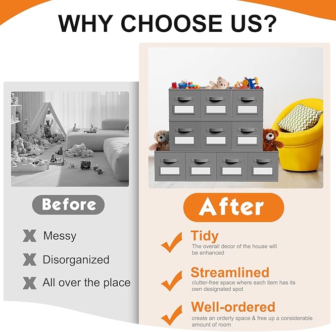 10 Pcs Fabric Storage Cubes with Labels 11 Inch Collapsible Cube Organizer Baskets with Window Cards for Shelf Nursery Clothes Book Toys Storage Bin(Gray)