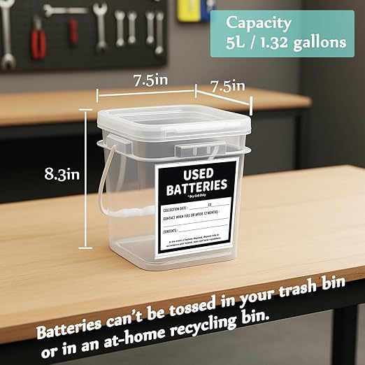 Battery Recycling Container with Battery Testers for Household Batteries, QHAND Used Battery Disposal Container with lid for Home Use, Office, Garage, Schools (1.32 Gallon)