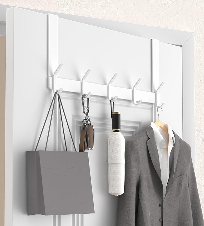 KitchLife Over The Door Hooks Hanger with 7 inches Extended Arms, Fit for 1-3/4" Doors, J18U, Thickened Bathroom Towel Rack Organization, 1 Pack Double-Hook, Glossy White